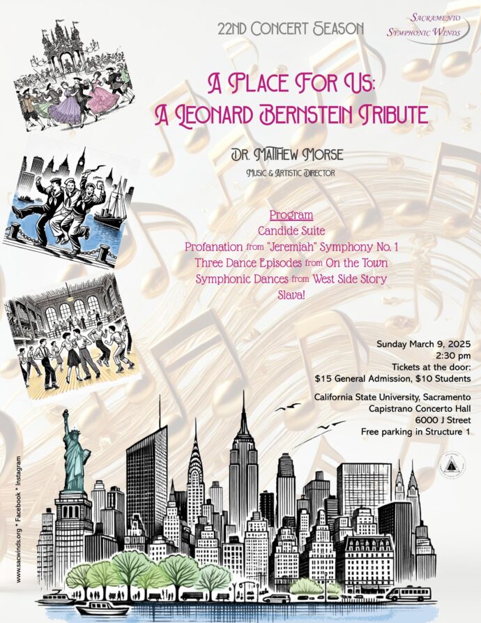 Poster featuring information about March 9, 2025 concert using images of New York city.