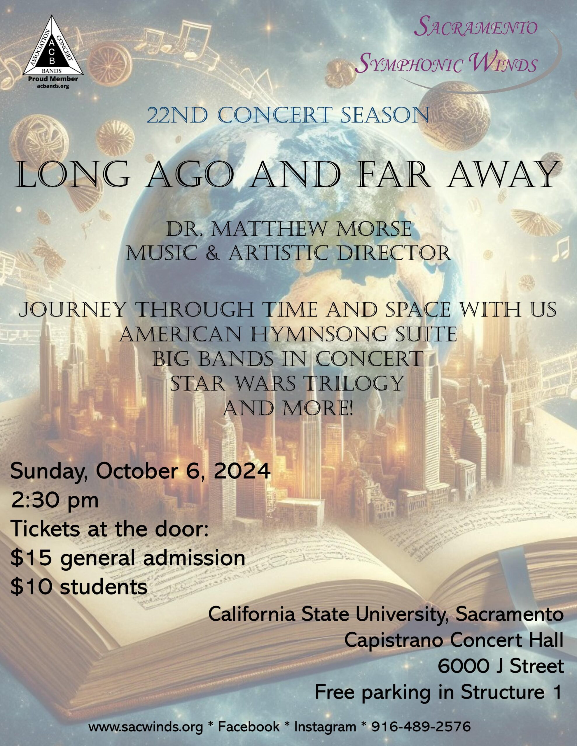 Concert flyer. The background is a fantasy/sci-fi themed image of the Earth resting in a futuristic city, all resting on an open book.