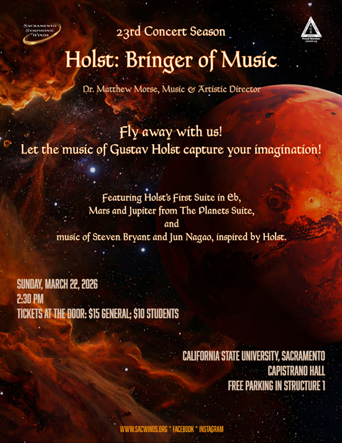 Flyer for March 2026 Holst Concert