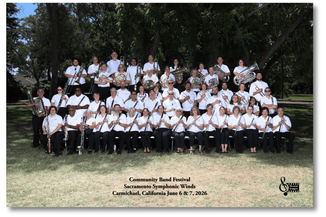 The Sacramento Symphonic Winds ensemble poses together at the Carmichael Park Community Band Festival, June 2026