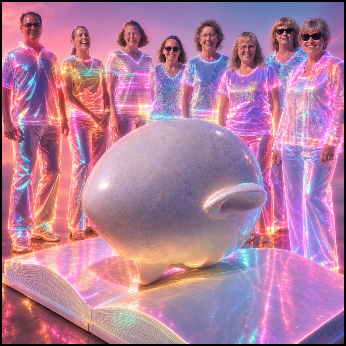 AI-generated 'glow-up' portrait of the SSW brainstorming group posing behind Robert Arneson's Bookhead sculpture at UC Davis