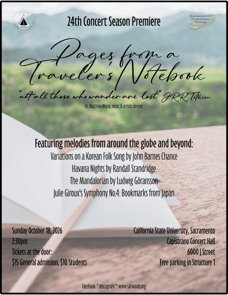 Concert poster for Pages from a Traveler's Notebook, Sunday October 18, 2026, 2:30pm, Capistrano Concert Hall at Sacramento State